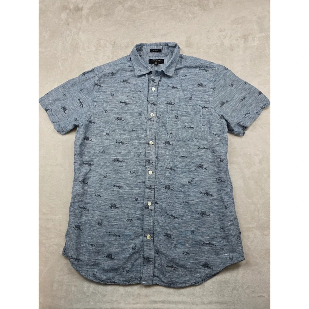 Banana Republic Slim Fit Linen Shirt Mens Large Blue Shark Marlin Short Sleeve